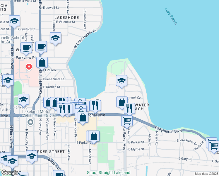map of restaurants, bars, coffee shops, grocery stores, and more near 1103 Lake Place Court in Lakeland