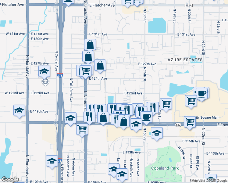 map of restaurants, bars, coffee shops, grocery stores, and more near 12206 North 12th Street in Tampa