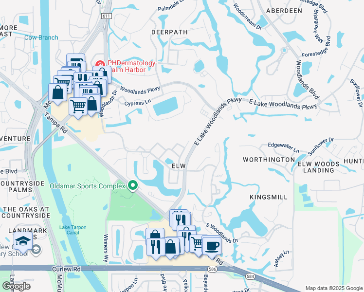 map of restaurants, bars, coffee shops, grocery stores, and more near 231 Caryl Way in Oldsmar