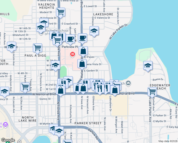 map of restaurants, bars, coffee shops, grocery stores, and more near 520 East Garden Street in Lakeland