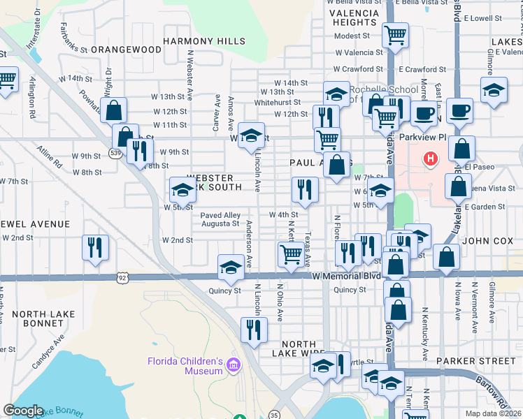 map of restaurants, bars, coffee shops, grocery stores, and more near 728 West 5th Street in Lakeland