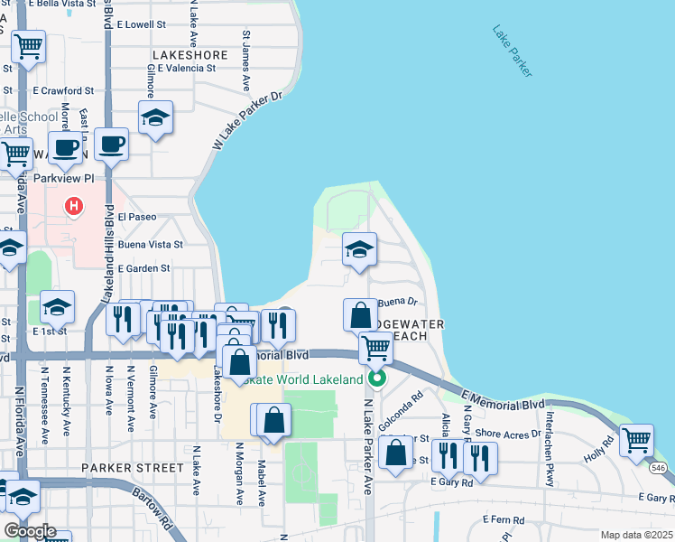map of restaurants, bars, coffee shops, grocery stores, and more near 1151 Lake Place Court in Lakeland