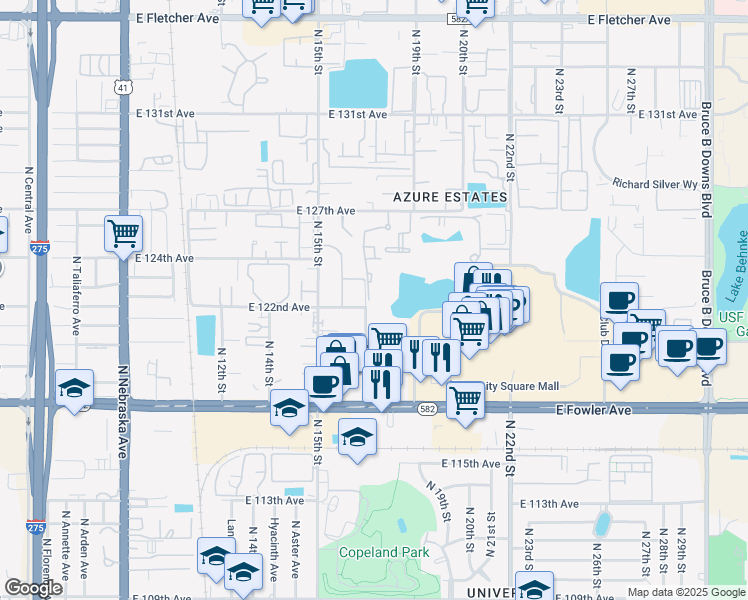 map of restaurants, bars, coffee shops, grocery stores, and more near 12501 Tinsley Circle in Tampa