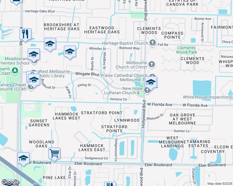 map of restaurants, bars, coffee shops, grocery stores, and more near 2514 Ventura Circle in Melbourne