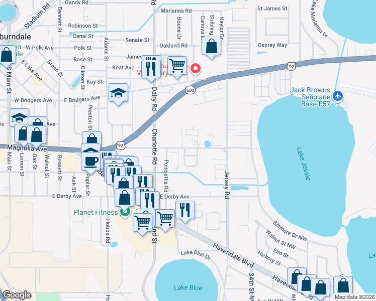 map of restaurants, bars, coffee shops, grocery stores, and more near 500 New Horizon Loop in Auburndale