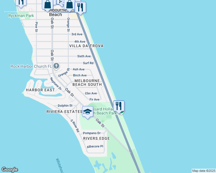 map of restaurants, bars, coffee shops, grocery stores, and more near 1980 Atlantic Street in Melbourne Beach