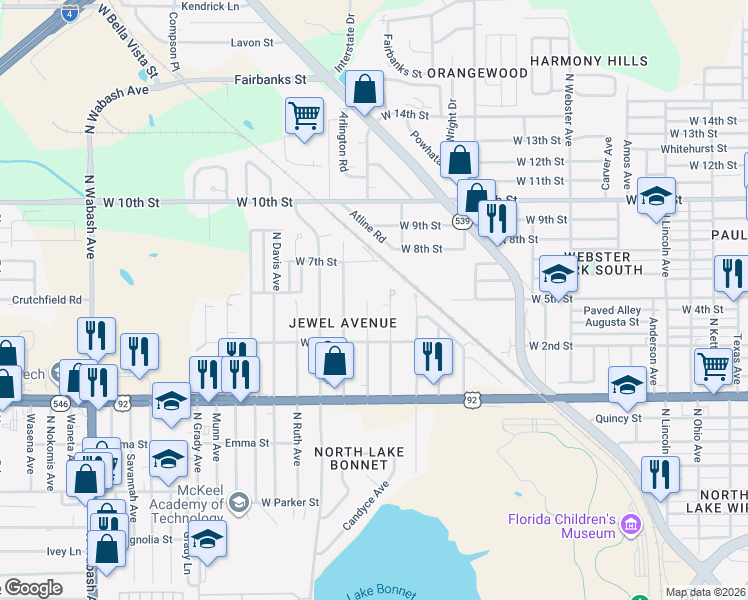map of restaurants, bars, coffee shops, grocery stores, and more near 1141 Roselle Avenue in Lakeland