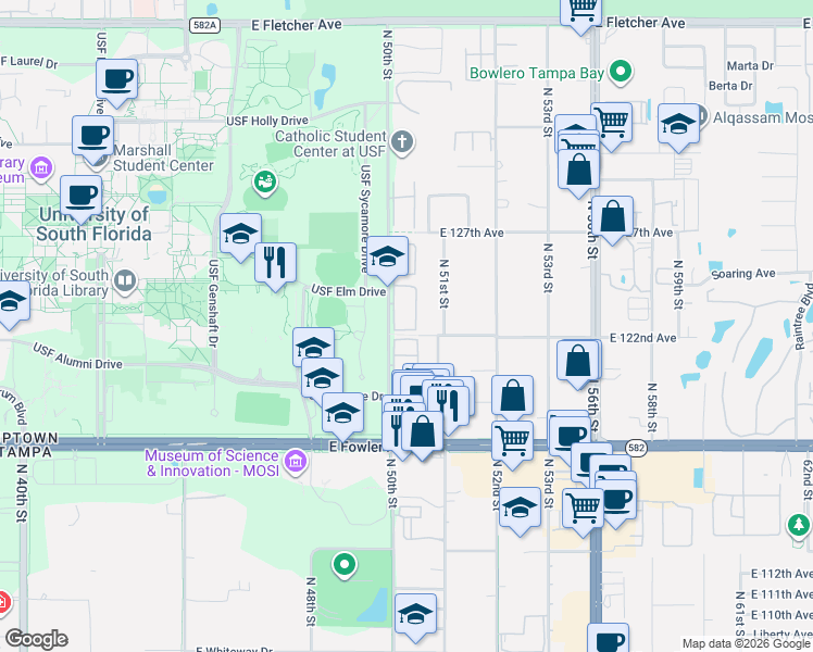 map of restaurants, bars, coffee shops, grocery stores, and more near 5156 Sunridge Palms Drive in Tampa