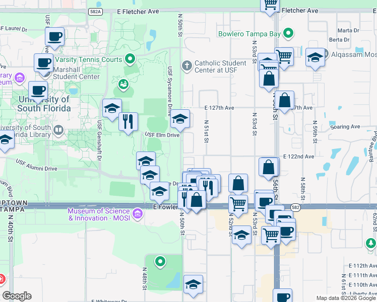 map of restaurants, bars, coffee shops, grocery stores, and more near 5182 Sunridge Palms Drive in Tampa