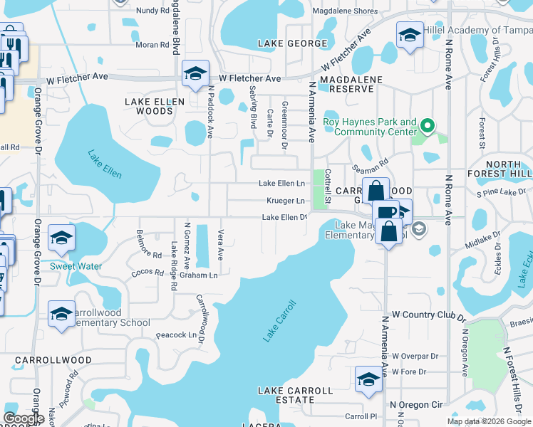 map of restaurants, bars, coffee shops, grocery stores, and more near 2535 Lake Ellen Drive in Tampa