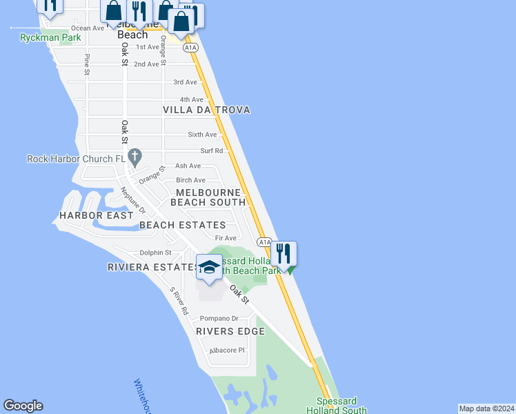 map of restaurants, bars, coffee shops, grocery stores, and more near 2005 Atlantic Street in Melbourne Beach