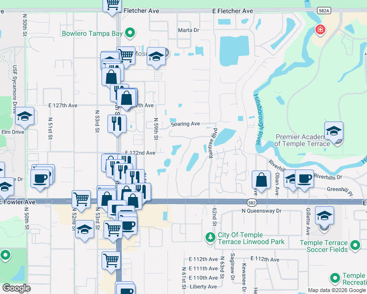 map of restaurants, bars, coffee shops, grocery stores, and more near 6011 Laketree Lane in Tampa