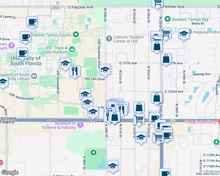 map of restaurants, bars, coffee shops, grocery stores, and more near 5182 Sunridge Palms Drive in Tampa
