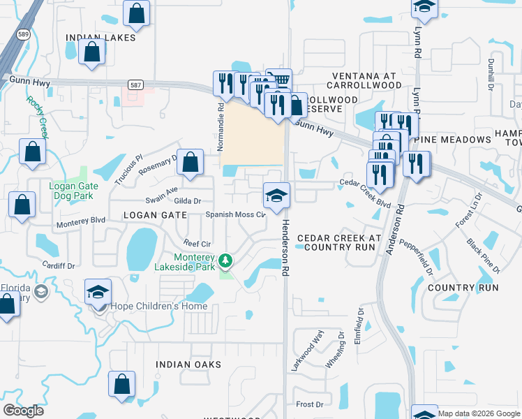 map of restaurants, bars, coffee shops, grocery stores, and more near 12603 Blue Roan Court in Citrus Park