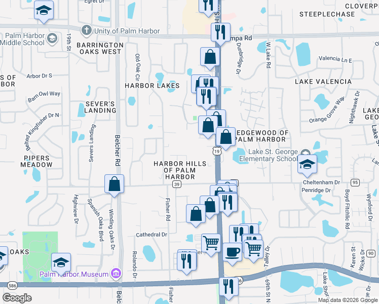 map of restaurants, bars, coffee shops, grocery stores, and more near 4450 Winding Willow Drive in Palm Harbor