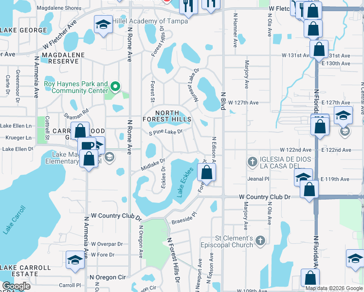 map of restaurants, bars, coffee shops, grocery stores, and more near 12114 Knoll Street in Tampa