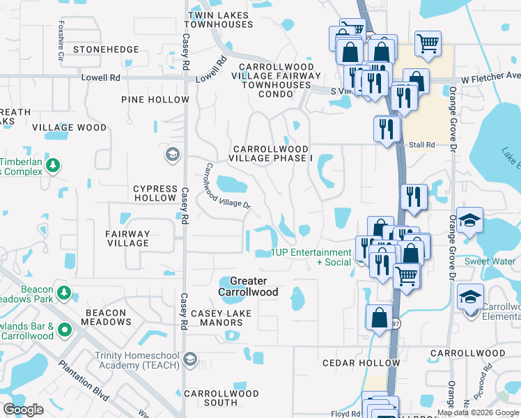 map of restaurants, bars, coffee shops, grocery stores, and more near 12904 Golf Crest Terrace in Tampa