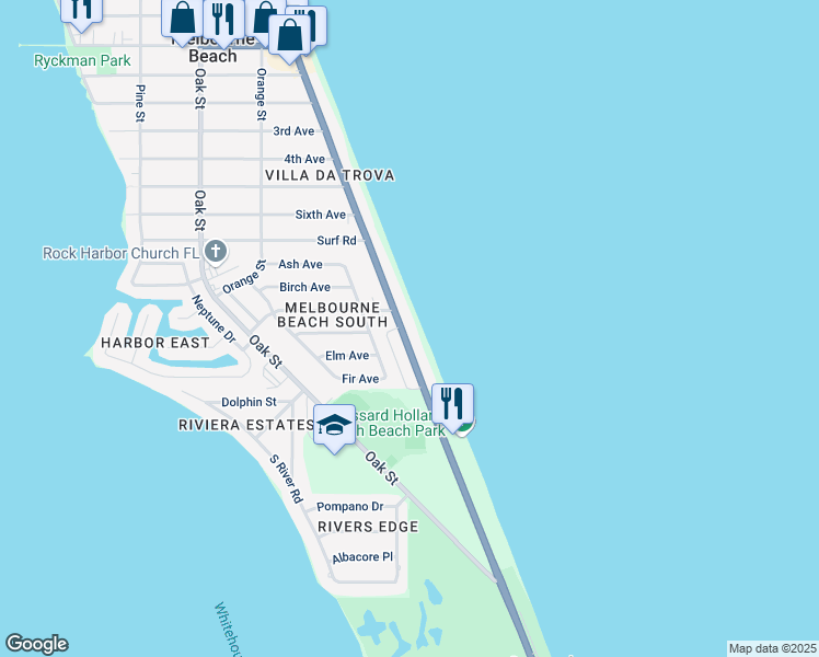 map of restaurants, bars, coffee shops, grocery stores, and more near 1903 Atlantic Street in Melbourne Beach