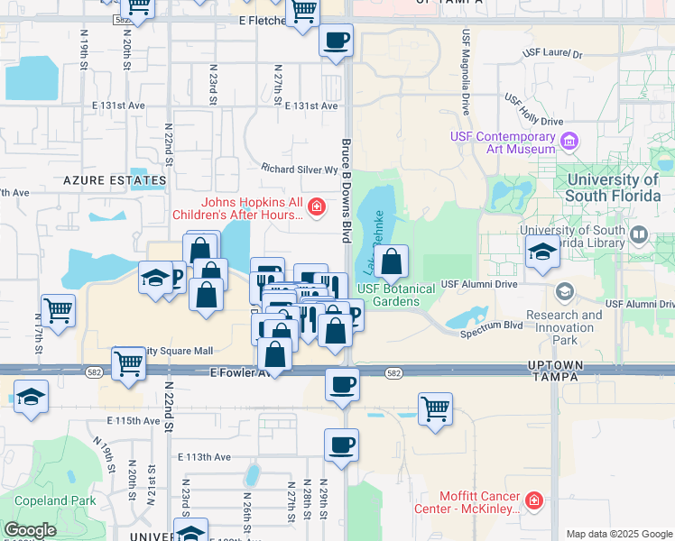 map of restaurants, bars, coffee shops, grocery stores, and more near 12200 Bruce B Downs Boulevard in Tampa