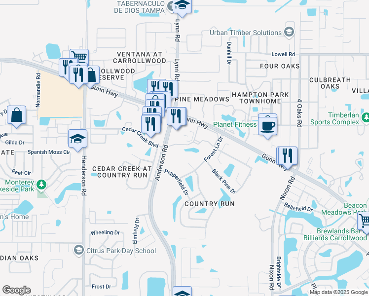 map of restaurants, bars, coffee shops, grocery stores, and more near 5676 Tranquility Oaks Drive in Tampa