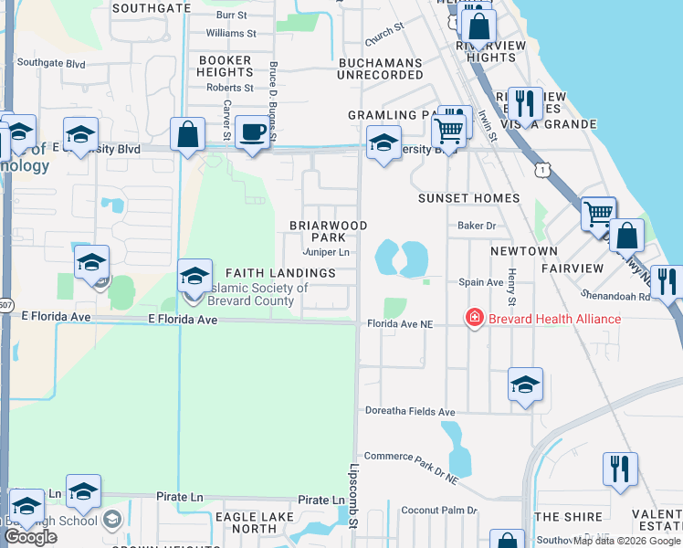 map of restaurants, bars, coffee shops, grocery stores, and more near 908 Cedar Drive in Melbourne