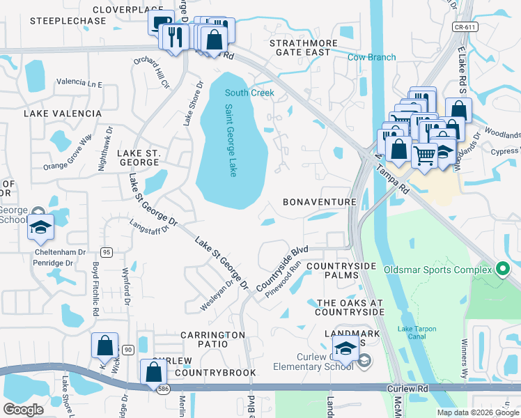map of restaurants, bars, coffee shops, grocery stores, and more near 3589 Country Pointe Place in Palm Harbor