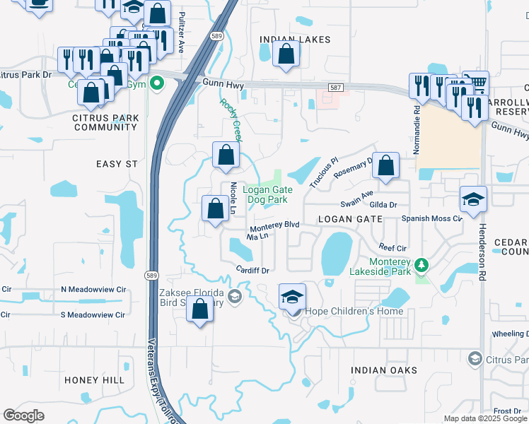 map of restaurants, bars, coffee shops, grocery stores, and more near 12613 Logan Place in Tampa