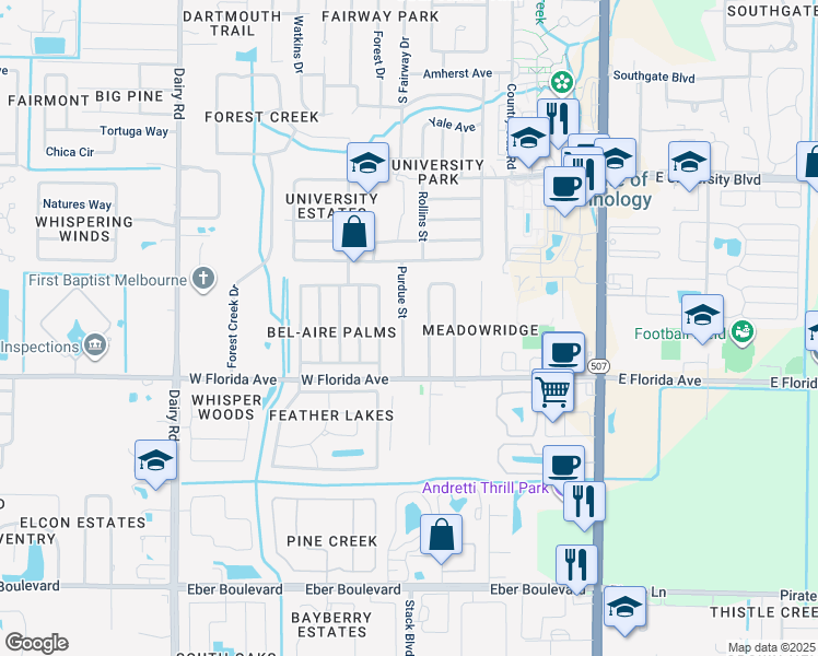map of restaurants, bars, coffee shops, grocery stores, and more near 3318 Purdue Street in Melbourne