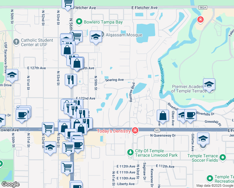 map of restaurants, bars, coffee shops, grocery stores, and more near 6011 Laketree Lane in Tampa