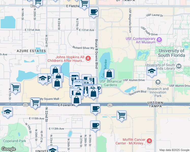 map of restaurants, bars, coffee shops, grocery stores, and more near 12200 Bruce B Downs Boulevard in Tampa