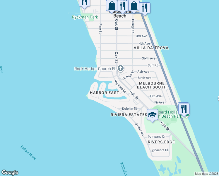 map of restaurants, bars, coffee shops, grocery stores, and more near 411 Pelican Key in Melbourne Beach