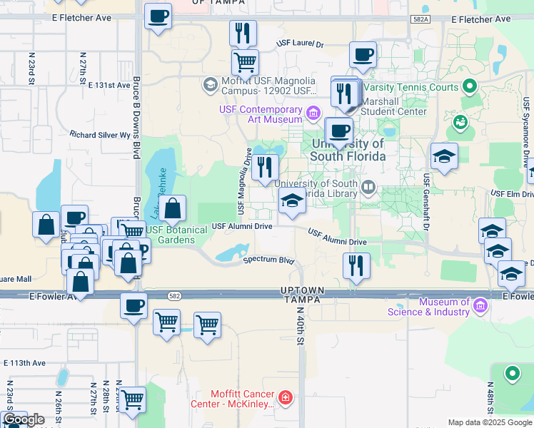 map of restaurants, bars, coffee shops, grocery stores, and more near 3707 USF Beach Lane in Tampa