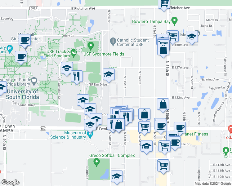 map of restaurants, bars, coffee shops, grocery stores, and more near 5172 Sunridge Palms Drive in Tampa