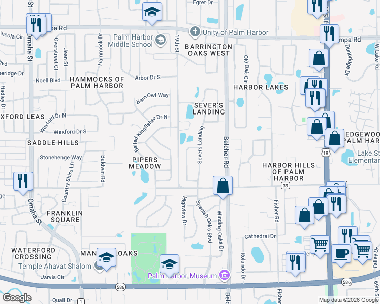 map of restaurants, bars, coffee shops, grocery stores, and more near 695 Samantha Drive in Palm Harbor