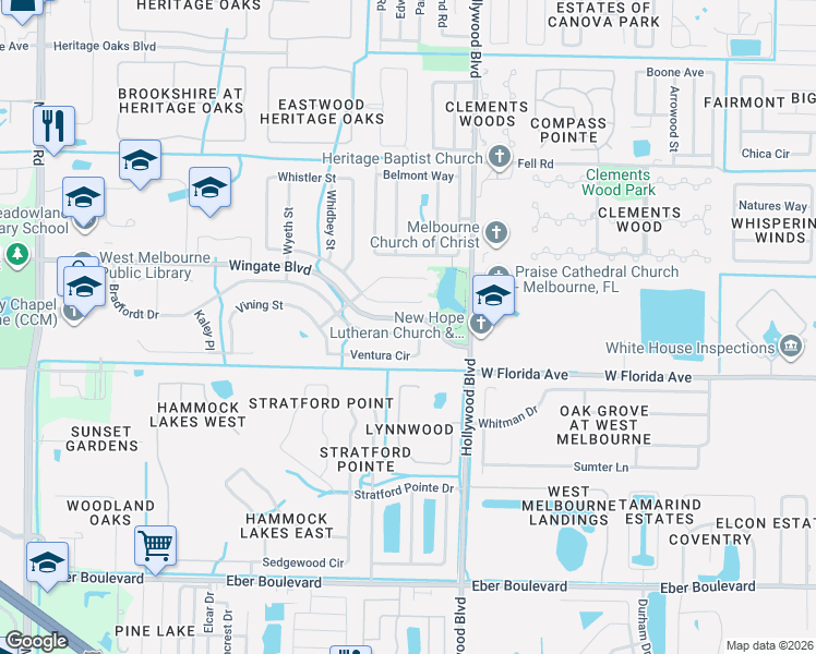 map of restaurants, bars, coffee shops, grocery stores, and more near 2530 Ventura Circle in West Melbourne
