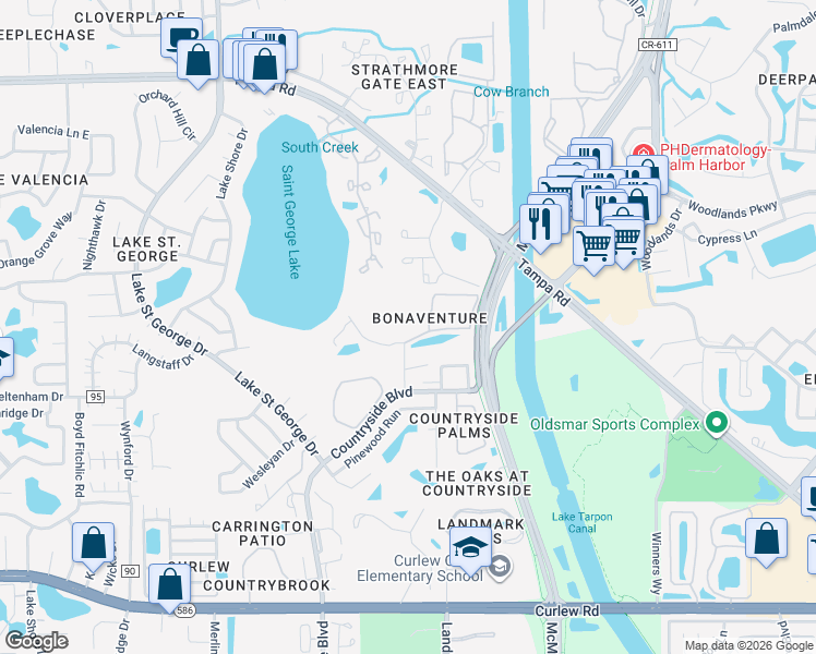 map of restaurants, bars, coffee shops, grocery stores, and more near 2969 Bonaventure Circle in Palm Harbor