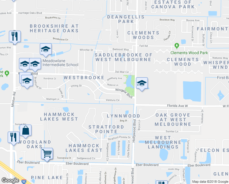 map of restaurants, bars, coffee shops, grocery stores, and more near 2526 Ventura Circle in Melbourne