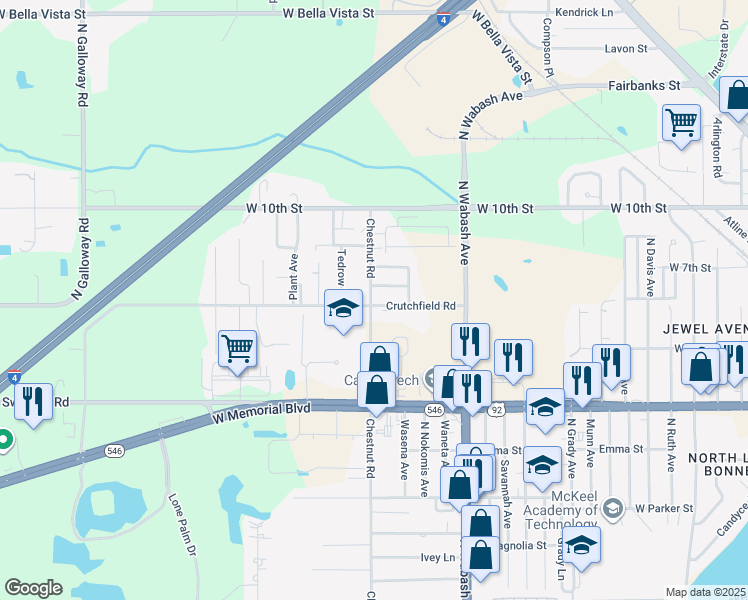 map of restaurants, bars, coffee shops, grocery stores, and more near 1201 North Chestnut Road in Lakeland