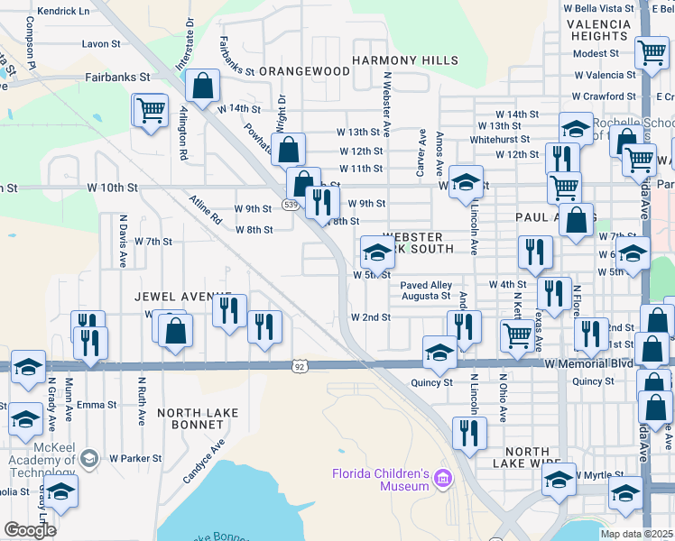 map of restaurants, bars, coffee shops, grocery stores, and more near 1117 West 5th Street in Lakeland