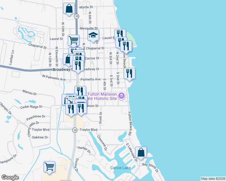 map of restaurants, bars, coffee shops, grocery stores, and more near 217 South 3rd Street in Rockport