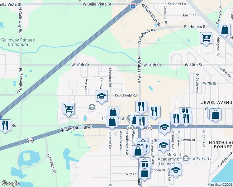 map of restaurants, bars, coffee shops, grocery stores, and more near 2321 Crutchfield Road in Lakeland