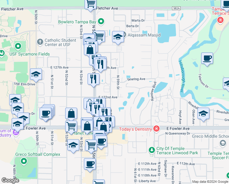 map of restaurants, bars, coffee shops, grocery stores, and more near 12206 North 59th Street in Tampa