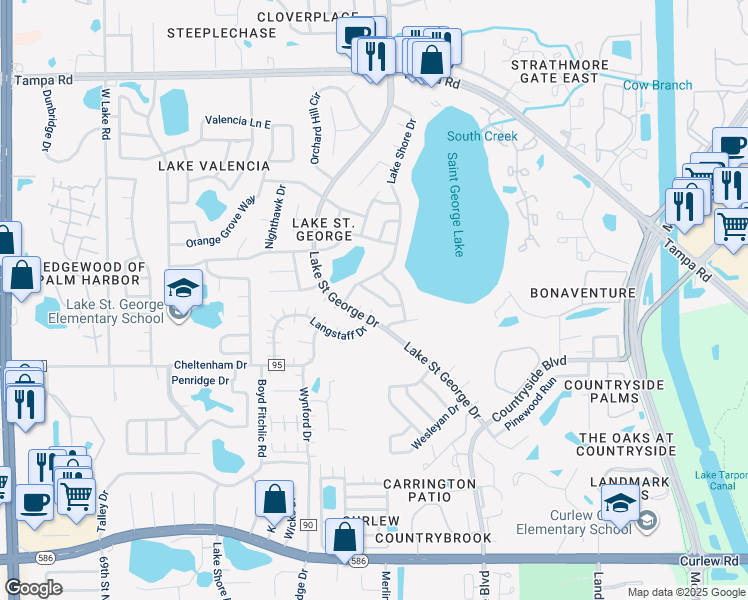 map of restaurants, bars, coffee shops, grocery stores, and more near 3310 Peterborough Place in Palm Harbor