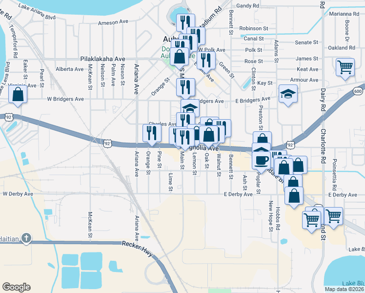 map of restaurants, bars, coffee shops, grocery stores, and more near Magnolia Avenue in Auburndale
