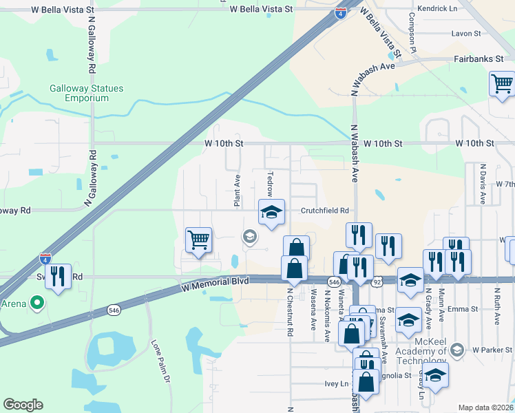 map of restaurants, bars, coffee shops, grocery stores, and more near 1209 El Camino Road in Lakeland
