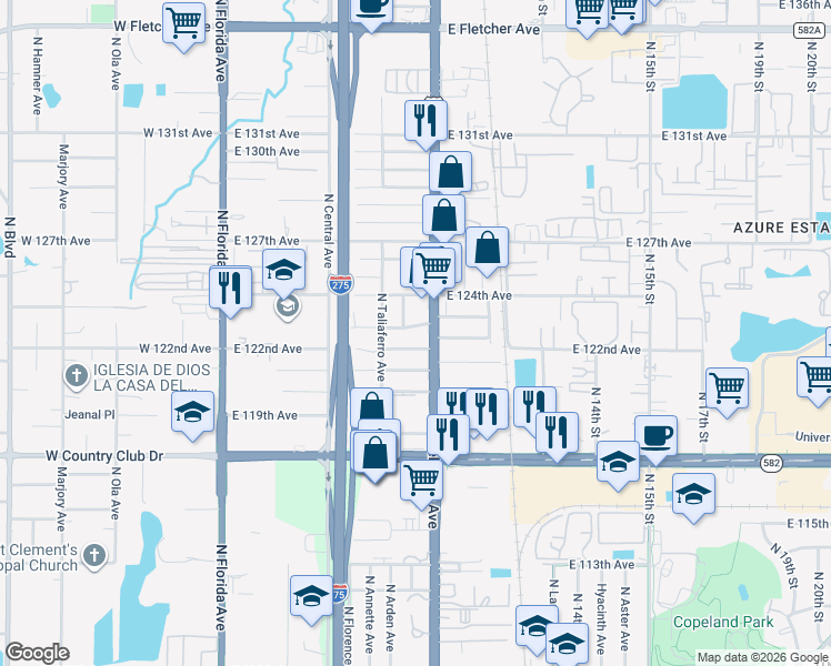 map of restaurants, bars, coffee shops, grocery stores, and more near 815 East 123rd Avenue in Tampa