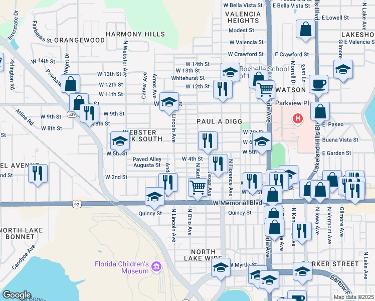 map of restaurants, bars, coffee shops, grocery stores, and more near 649 West 5th Street in Lakeland