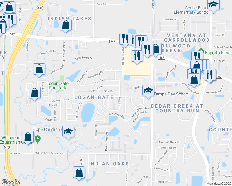 map of restaurants, bars, coffee shops, grocery stores, and more near 6706 Gilda Drive in Tampa