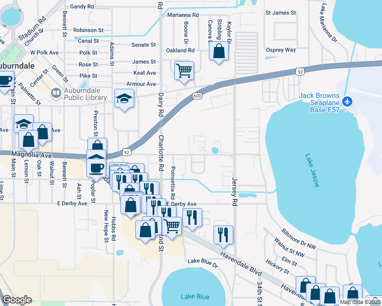 map of restaurants, bars, coffee shops, grocery stores, and more near 407 Lee Street in Auburndale