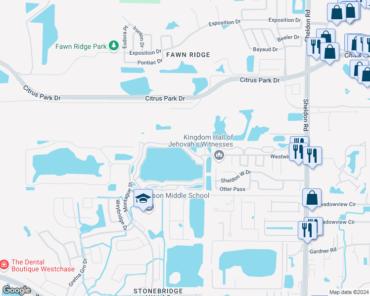 map of restaurants, bars, coffee shops, grocery stores, and more near 9072 Lake Chase Island Way in Westchase